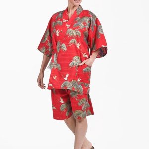 Japanska Jinbei för kvinnor - Röd tall & Trana